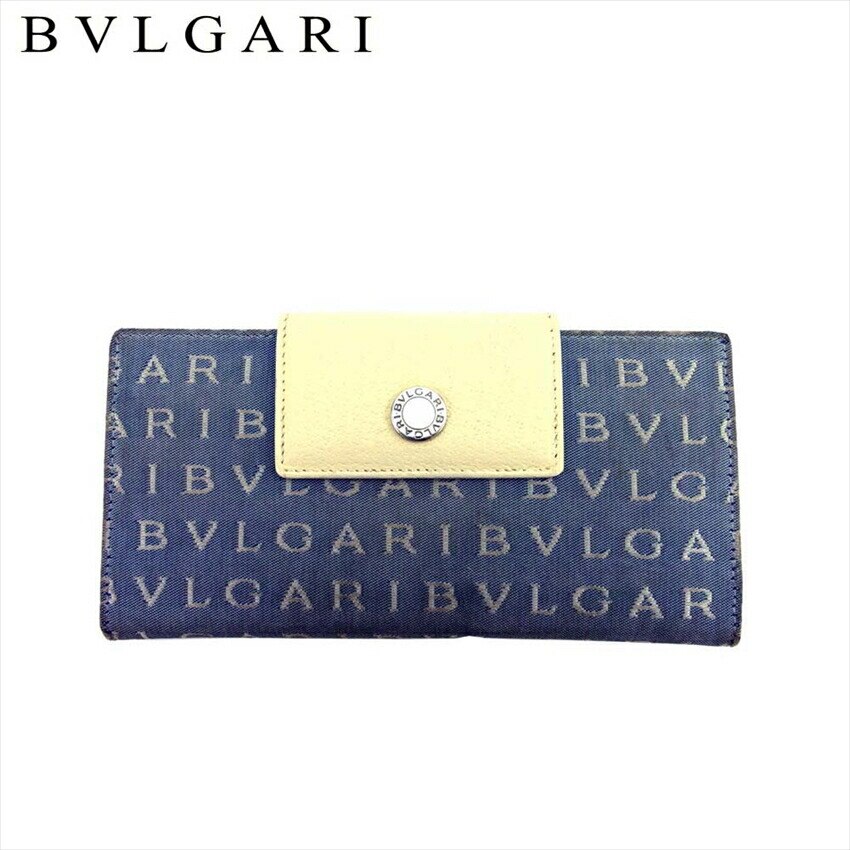 長財布 Wホック 三つ折り 財布 ロゴマニア レディース メンズ ブルー ホワイト 白 シルバー 中古