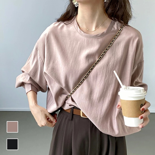 ブラウス 長袖 秋 レディース Tシャツ ドロップショルダー オーバーサイズ パフスリーブ 長袖ブラウス プルオーバー 長袖Tシャツ クルーネック 春 トップス 着痩せ ピンク ブラック カジュアル