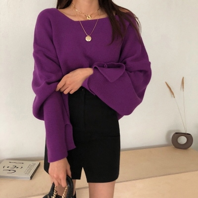ふゆトレンド女性らしいルーズフィットオフショルダーアンバランスネックスリットニット送料無料韓流ブーム2PER