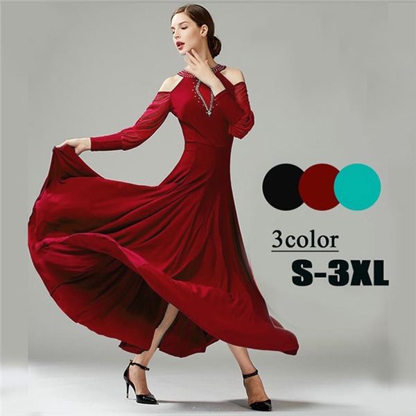 社交ダンス ドレス 社交ダンス 衣装 モダン ドレス 広がる裾 ワンピース スタンダード レッスン着 発表会 競技着 練習着 演出用 ワルツ専用ドレス ロング丈 オールシーズン ブラック 黒 グリー 8,753円