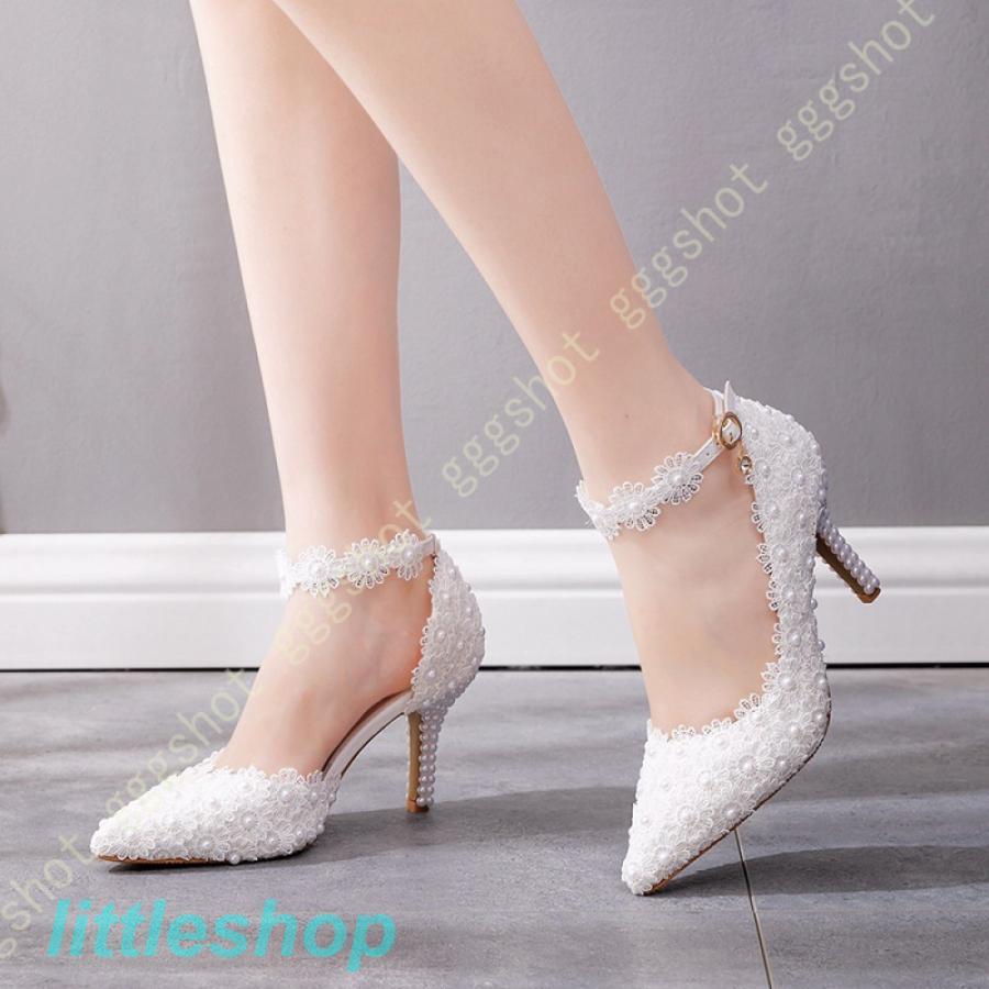 凄く人気がある パンプス 結婚式 レディース 靴 シューズ 美脚パンプス 大きいサイズ ウェディング靴 ハイヒール約8cm 花柄 レース ストラップパンプス 歩きやすい 脱げない