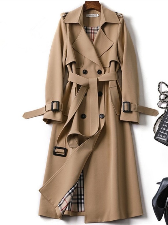【新作追加】最愛の一着 通勤/OL ダブルブレスト 無地 ベルト付き 長袖 折り襟 トレンチコート