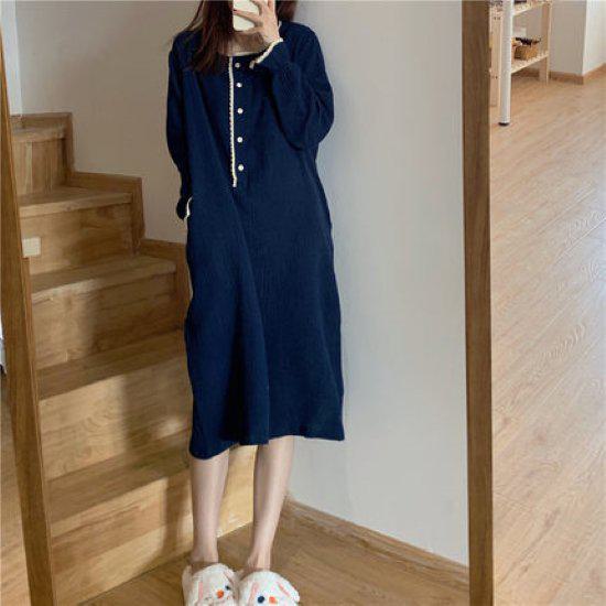 ルームウェア レディース ワンピース 可愛い 長袖 パジャマ ナイトウェア 寝巻き 部屋着 おうち服 ミドル丈 ナチュラル レース ボタン シンプル 無地 コットン ガーリー おしゃれ 大人女子 キュ