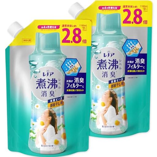レノア 超消臭 煮沸レベル消臭 抗菌ビーズ 部屋干し 花とおひさまの香り 詰め替え 1,180ML×2袋【まとめ買い】