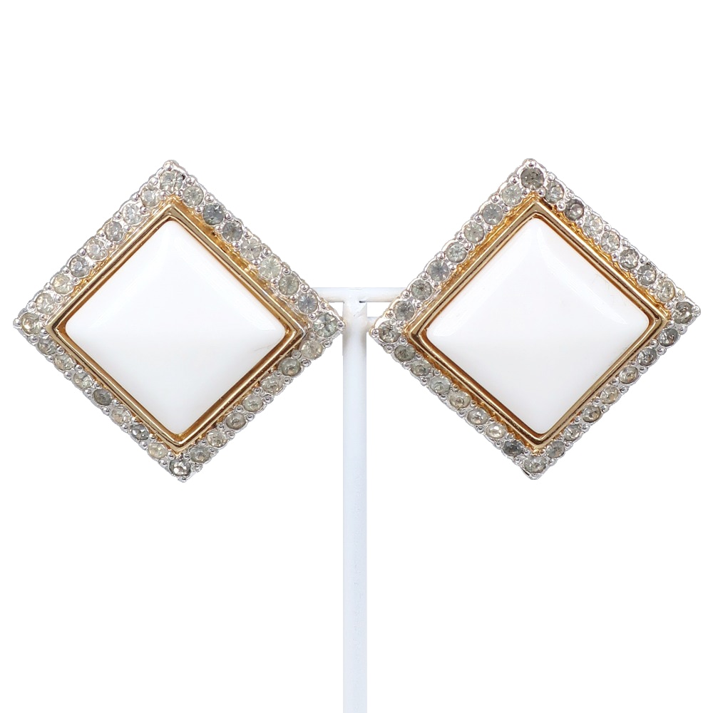 スクエア イヤリング 金メッキ ラインストーン 白 約32.6g レディース 中古品 8,514円