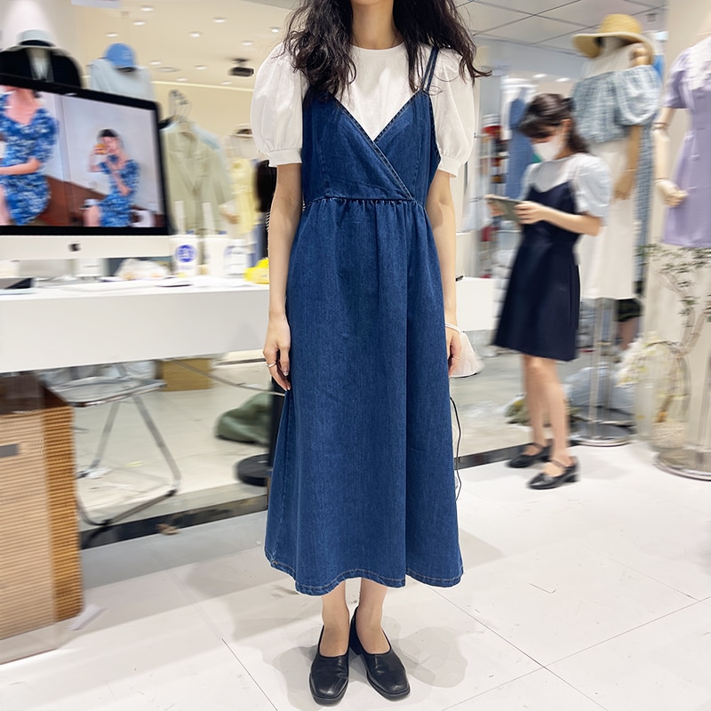 デニム ワンピース キャミ ミディ丈 フレア カジュアル 普段使い Vネック デニム ストラップ