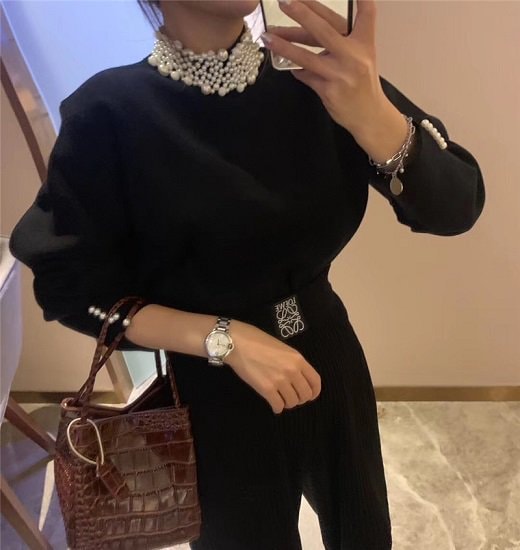 【取寄：納期2週間】ニット レディース ビジュカラー 秋 冬 お出かけ 九分袖ニット 大人 エレガント パール デート ニット レディース ビジュカラー 秋冬 お出かけ 九分袖ニット 大人 エレガント