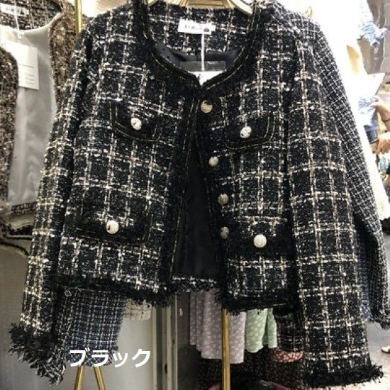 【取寄：納期2週間】ツイードジャケット レディース ジャケット 羽織 アウター 長袖 ラウンドネック ボタン きれいめ フォーマル チェック柄 格子柄 ショート丈 ブラック ブラウン 黒 茶 5,206円