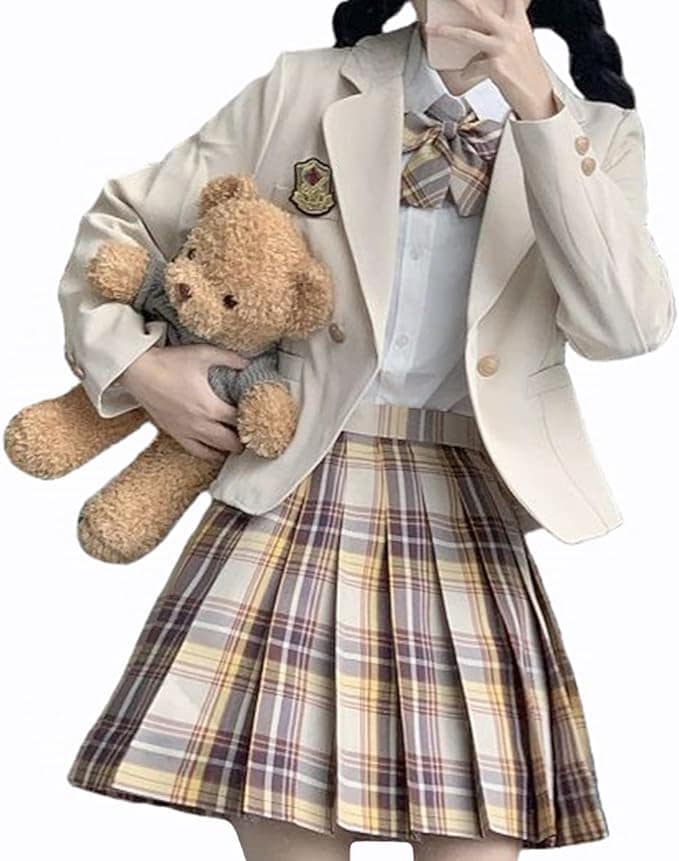 [Sky]女子高生 制服 学生服 チェック柄 プリーツスカート ブレザー リボン シャツ エンブレム 5点セット スクール ジャケット コート 女子高校生 セーラー服 女子制服 JK制服 学園祭 文化