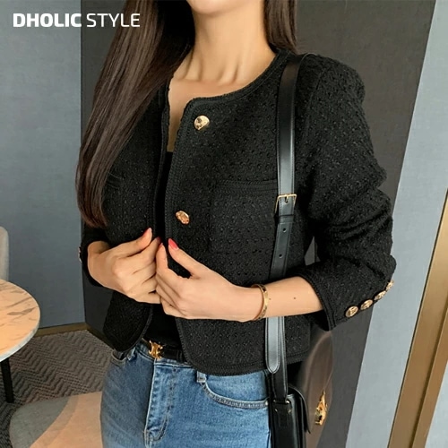 [メガ割りSALE]ゴールドボタンノーカラーツイードジャケット・p641347