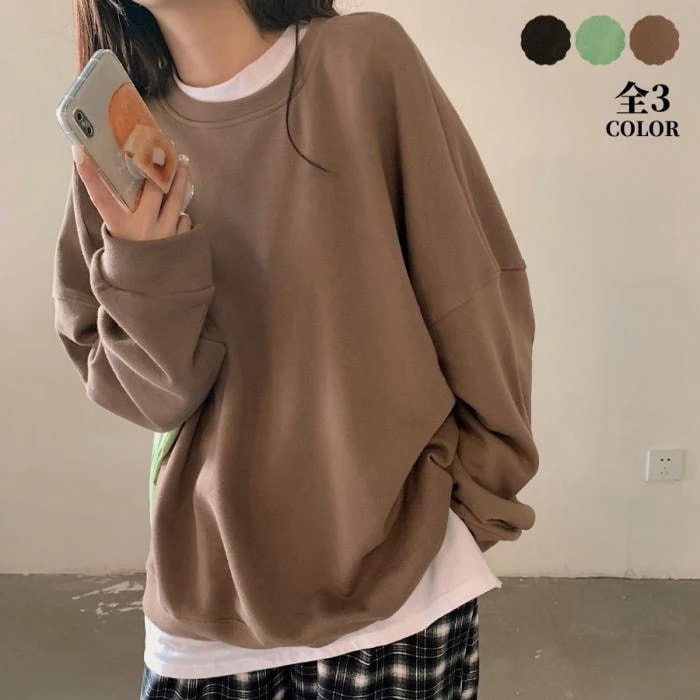 ゆる可愛いカジュアルプルオーバーレディース長袖トレーナーラウンドネック大人おしゃれ秋冬