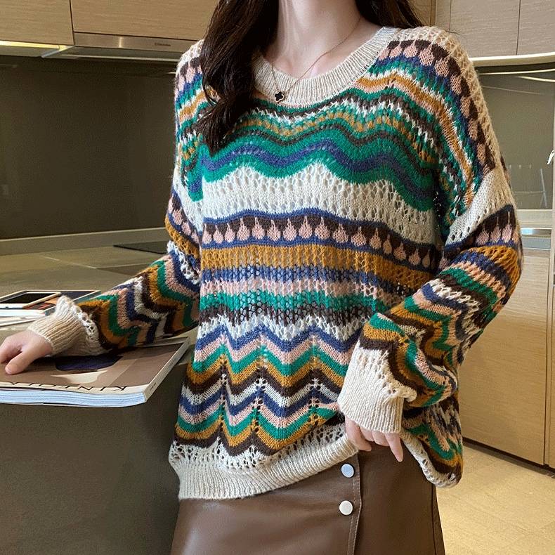 幾何学 トップス ニット レディース 2色 長袖 クルーネック 透かし編み ドロップショルダー オーバーサイズ ビッグシルエット 透け感 カジュアル ルーズ レインボー カラフル 体型カバー ボヘミア