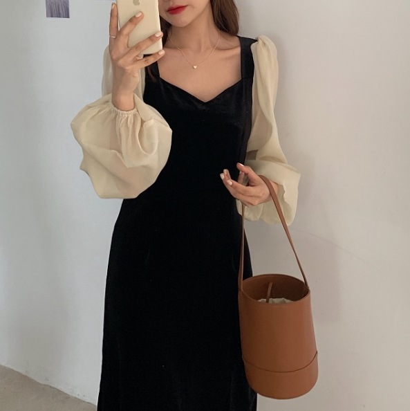 ワンピース レディース ベルベット風ワンピース ボリュームスリーブ タイト ロング丈 ドレス Vネック 長袖 ミモレ丈 ハイウエスト バルーンスリーブ ウエスト ブラック ワンピドレス 大人可愛い