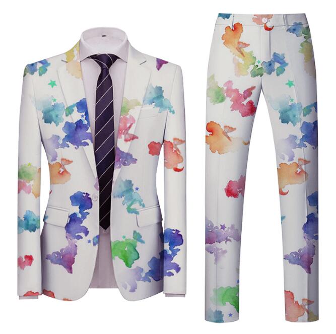 期間限定30%割引 スーツ ステージ衣装 メンズ 花柄 総柄 スーツ 上下2点セット 人 おしゃれ 彩色 カラフル プリント 派手 一個釦 白 結婚式 二次会 礼服 歌手 司会 舞台 ステージ 演出
