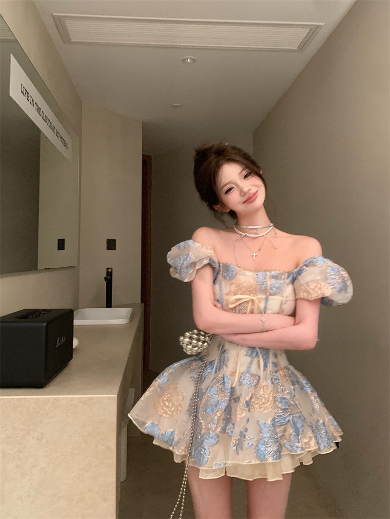 女性用パフスリーブドレス高級スプライスレースフレンチスタイル初恋妖精ティーブレイクドレスX86