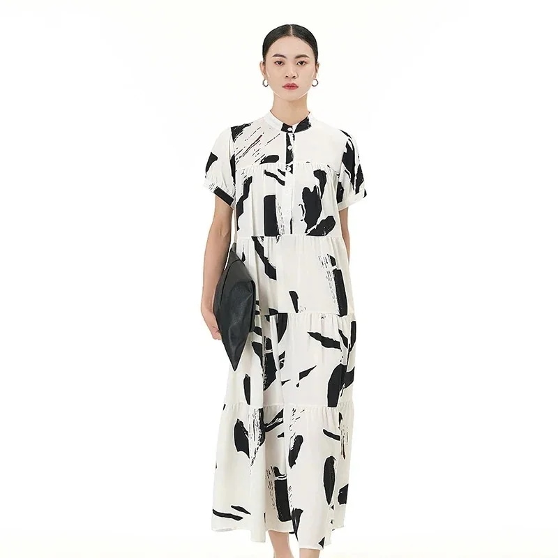 スプライシング/半袖/ケーキドレス/2025/新作/大きいサイズ/レディース/ゆったり/薄手/ワンピース/レディースドレス 付きインナー カップ