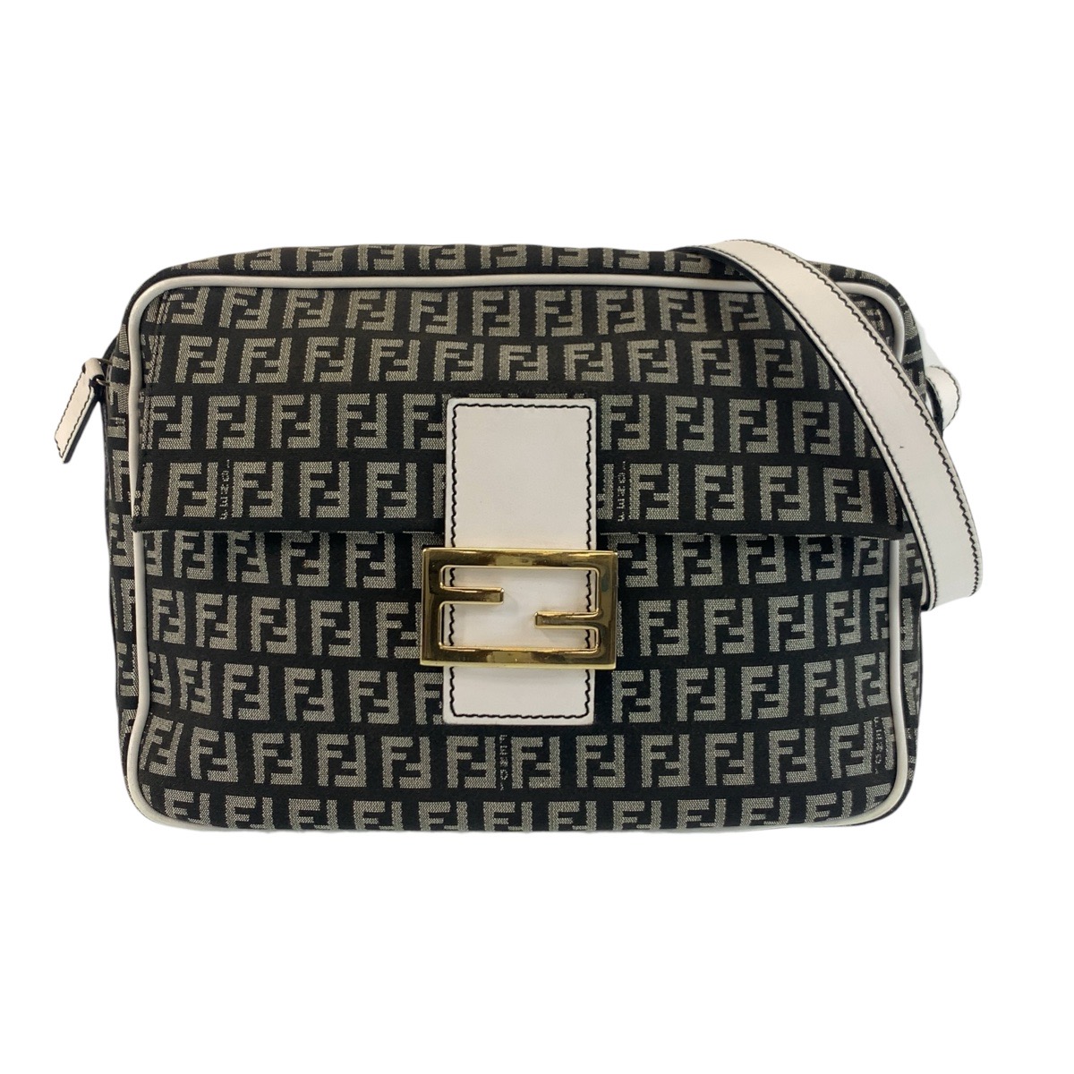 美品 ズッキーノ マンマ ブラック 黒 ホワイト ゴールド金具 キャンバス/レザー ショルダーバッグ ポシェット レディース 503550