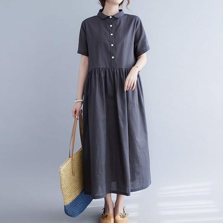 シャツワンピース フレアワンピース Aライン ロング丈 半袖 フレア 透け感 綿 麻 無地 かわいい 大人可愛い きれいめ シンプル カジュアル 大人 上品 おしゃれ フェミニン さわやか