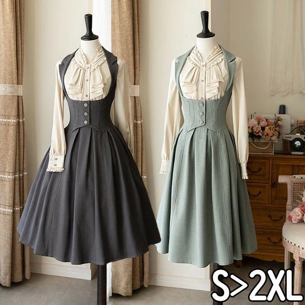 ロリータ ワンピース ホルターネック ジャンパースカート シャツ追加可 レディース ロング ジャンスカ lolita フレアスカート イギリス風 可愛い 大人 グリーン グレー S M L XL 2X