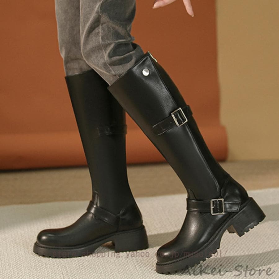 ロングブーツ レディース レザー調 秋冬 エンジニアブーツ ローヒール ジッパー ジョッキーブーツ 長靴 膝丈 太ヒール 5cm 履き口 サイドジップ ワークブーツ