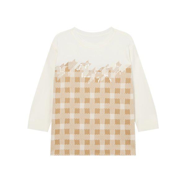 [24FW] [価格引き下げ]ベージュ素材の配色コットン混紡7分袖TシャツDLTS4D803I2