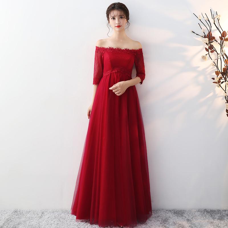 カラードレス ロングドレス マタニティドレス ワインレッド オフショルダー ハイウエスト エンパイア 演奏会 発表会 ウェディングドレス 結婚式 二次会 披露宴