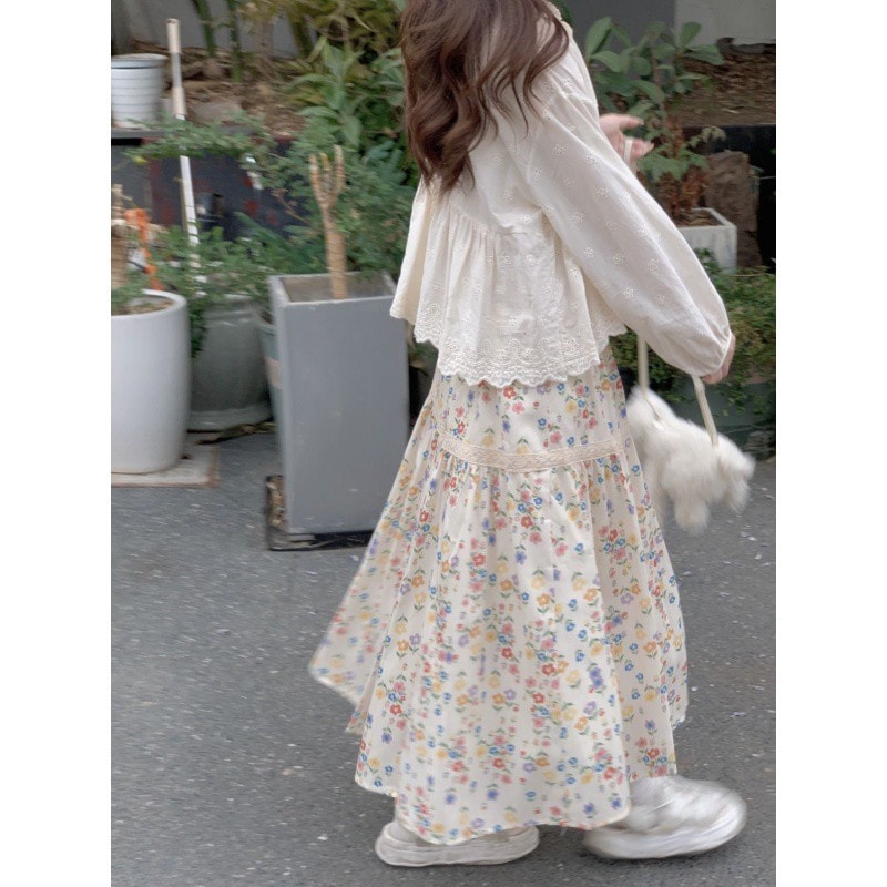 【1つ買うと10つ無料】小さな花の春と夏のシフォン穏やかな2025ケーキロングスカートスプレッチハイウエストスリムな甘いスカート