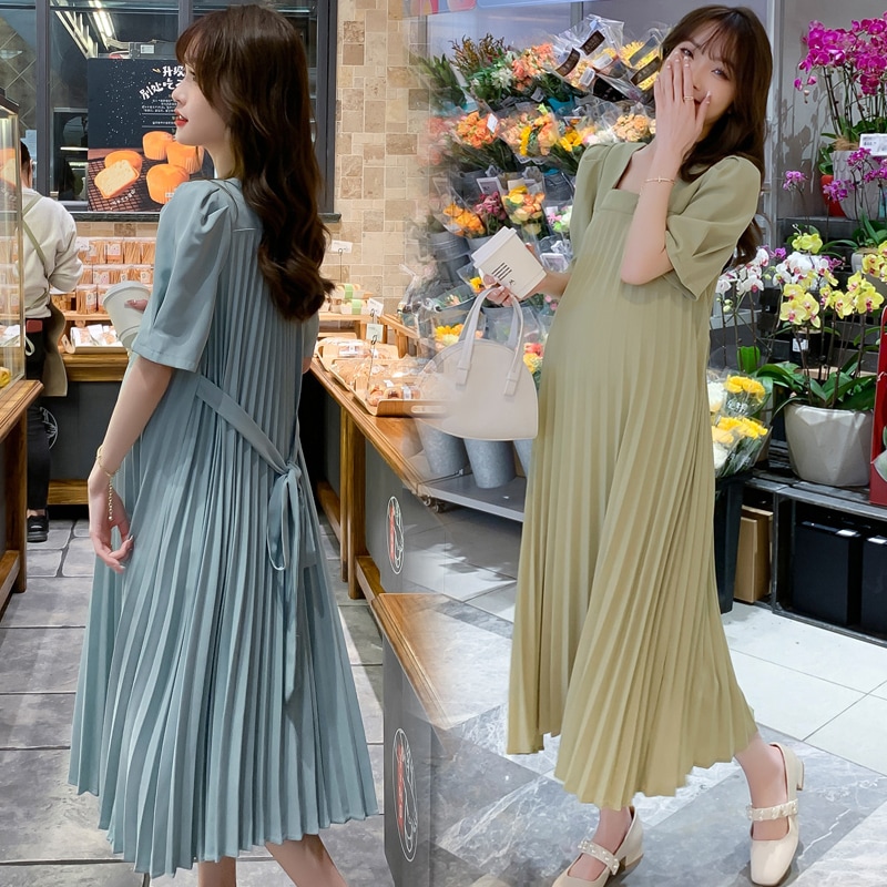 【日本未発売/送料無料】マタニティ ワンピース プリーツ バックリボン スクエアネック 半袖