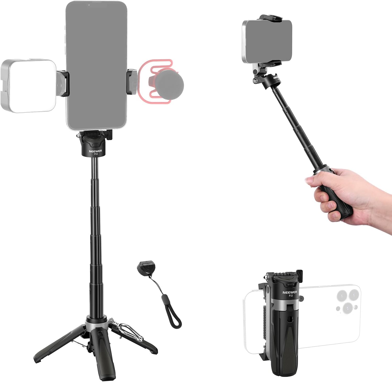 折りたたみ式スマホ三脚スタンド 着脱式Bluetoothリモコンとコールドシュー付き 360度回転ホルダー 軽量ミニ三脚