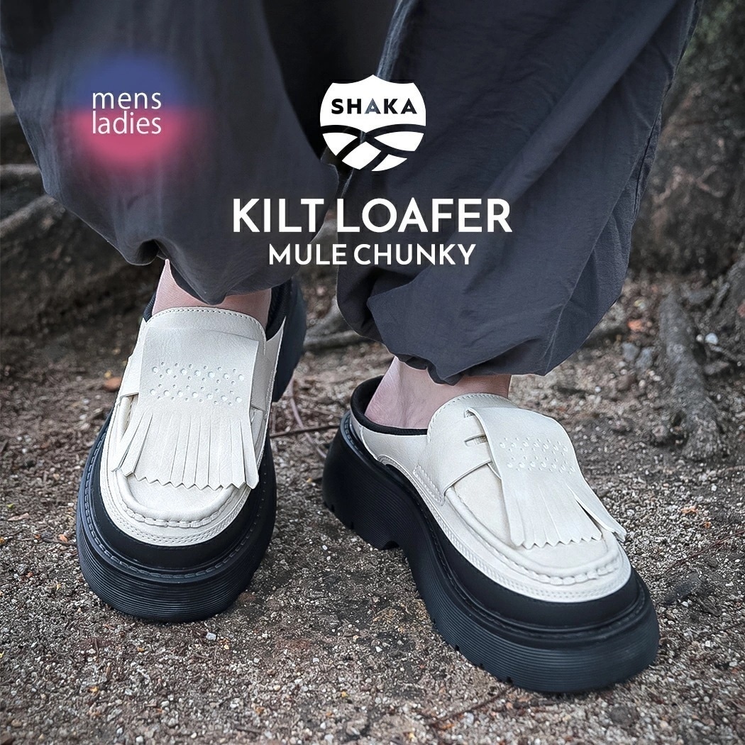 SHAKA シャカ キルト ローファー ミュール チャンキー スニーカー KILT LOAFER MULE CHUNKY LINEN ( きれいめ タッセル 履きやすい 革靴 ベージュ 厚底 レディー