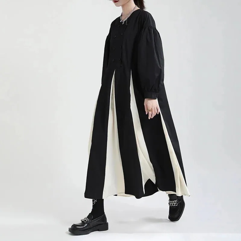 人気の新作ゆったり バブル袖 ドレス切り替え おしゃれ ロングワンピース 着痩せ ワンピース 長袖 秋服レディース