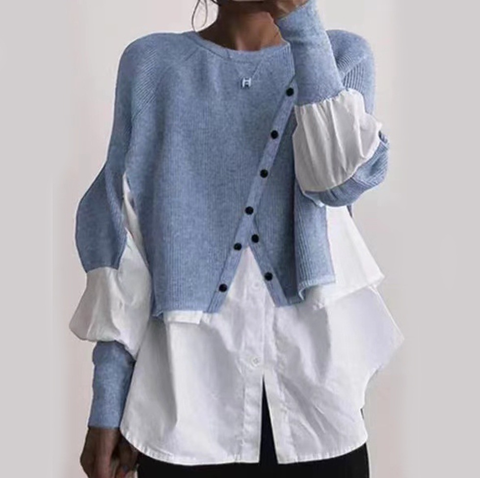 ドッキングデザインアシンメトリーシャツニット 切り替えデザインシャツニット ドッキング アシンメトリー アシメ アシメ服 異素材ミックス 長袖ニット 長袖セーター 長袖シャツ 長袖ブラウス 長袖