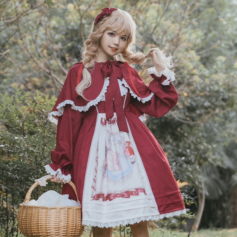 赤ずきんちゃんのロリータドレス フルセット 新年 赤 かわいい リボン JSK ショール ケープ