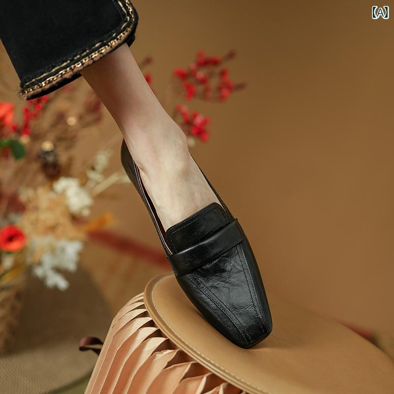 ローファー レディース オフィス 通勤 仕事 ソフトレザー レトロ スクエアトゥ フラット シューズ 女性用 革 快適 ソフト ソール 英国 スリッポン 革靴