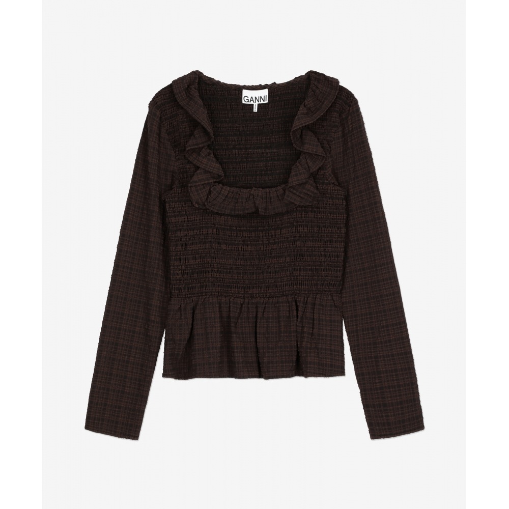 GANNIレディースストレッチシアサーカーオープンネックスモークブラウス - チコリコーヒー/ F7432979