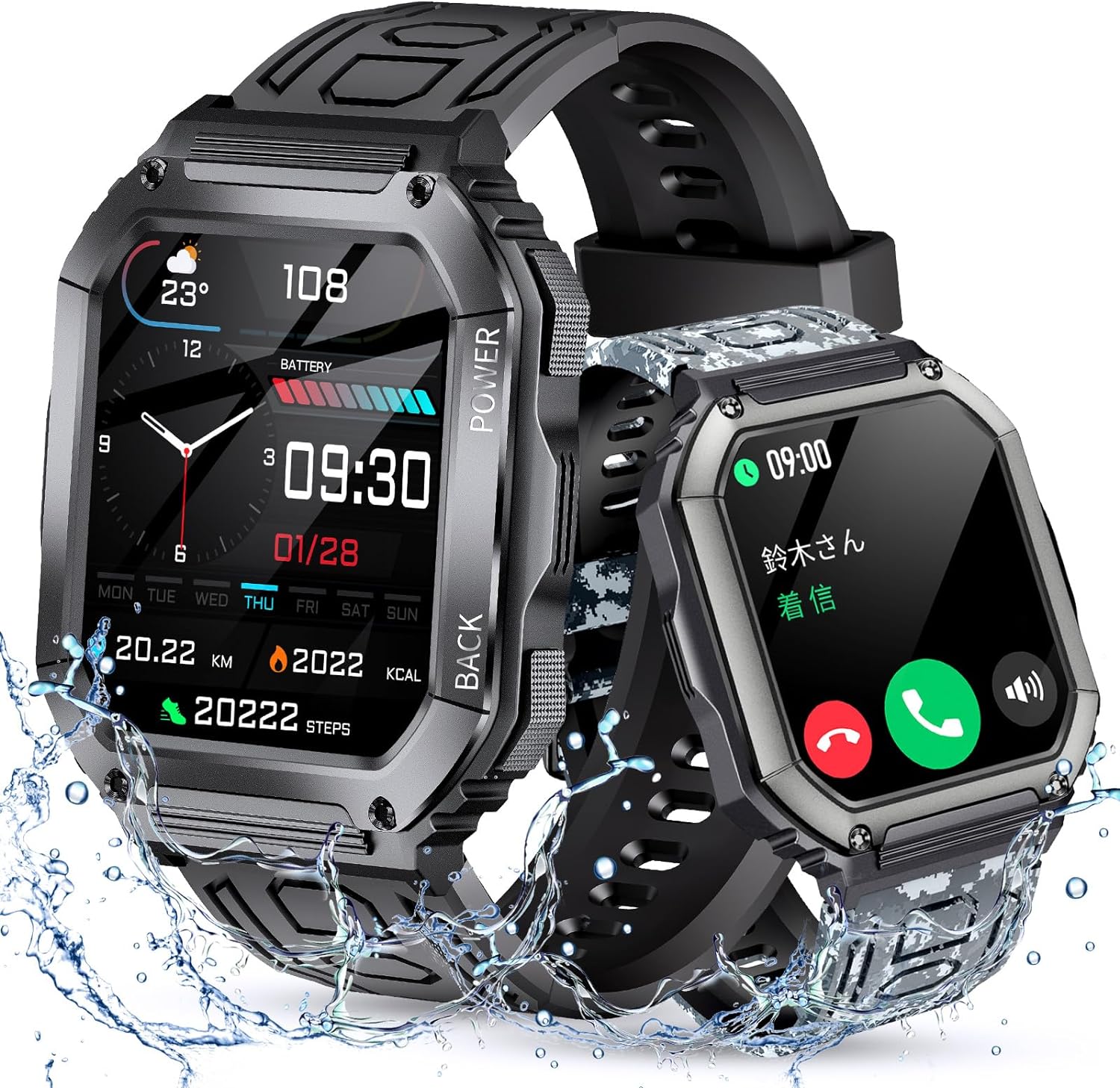 スマートウォッチ 通話機能付き 1.8インチ大画面 音楽再生 100+種類運動モード 軍用規格 耐衝撃 DIY文字盤 多機能 音声アシスタント 着信通知/メッセージ/LINE通知 スマートブレスレット