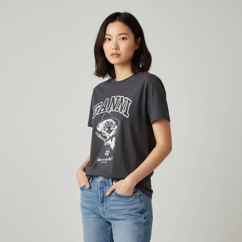 ガニ ベーシック コットン 半袖Tシャツ ブラック レディース T4138 252