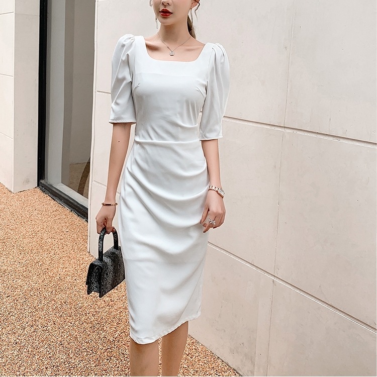 ワンピース レディース 送料無料 2色展開 ミディ丈 ミディアム丈 膝丈 タイト ボディコンシャス Xライン フィット感 シースドレス シースライン ボディライン スクエアネック デコルテ オープンバ