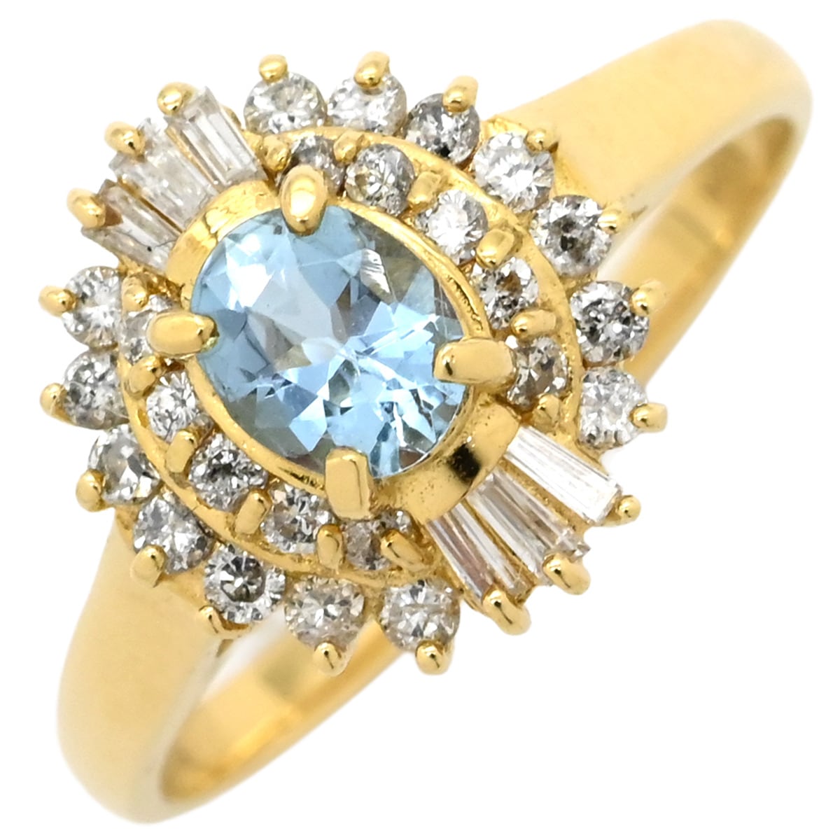 リング 指輪 アクアマリン ダイヤリング K18YG ダイヤモンド アクアマリン イエローゴールド×ブルー Au750 18K 18金 オーバル 11号【中古】