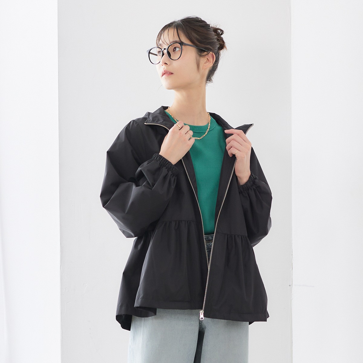 起毛 裏地付き ペプラム マウンテンパーカー マンパー きれいめ 上品 洗える 暖かい カジュアル スタイルアップ ボリュームスリーブ ゴム入り ネイビー ブラック 黒 タフタ素材 おしゃれ アウター