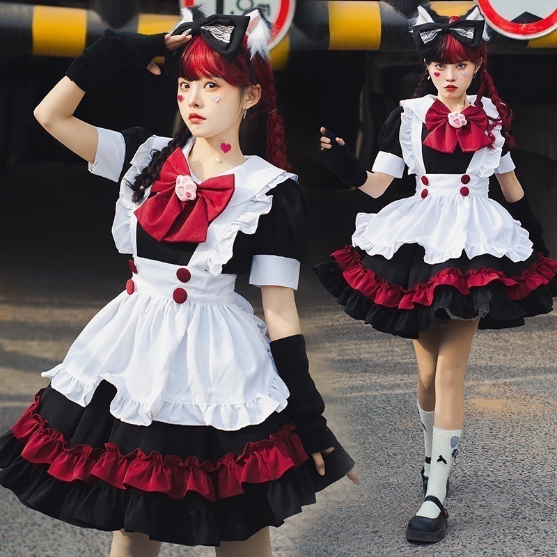 【即納】ハロウィーン黒赤メイド服ゴシック暗黒系学院lolitaロリータ小悪魔女巫婆連衣