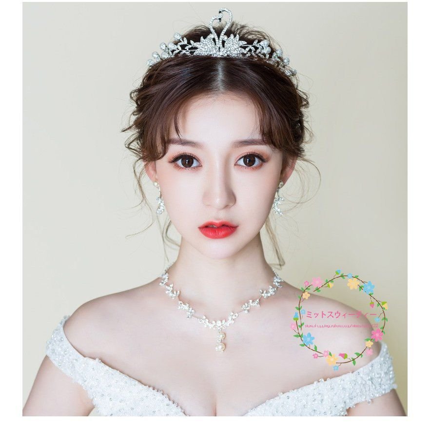 ティアラ クラウン ネックレス イヤリング 3点セット 結婚式 頭飾り 花嫁 二次会 パーティー 披