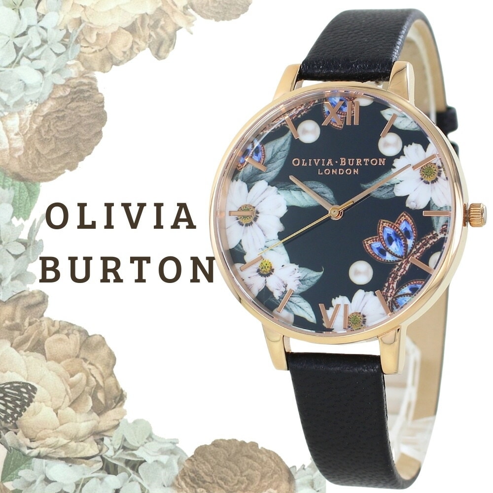 オリビアバートン 腕時計 レディース かわいい ブラック レザーベルト 花柄 小さい 時計 シンプル おしゃれ カジュアル ビジネス 大学生 20代 30代 40代 ご褒美 女性 彼女 妻 母 記念日