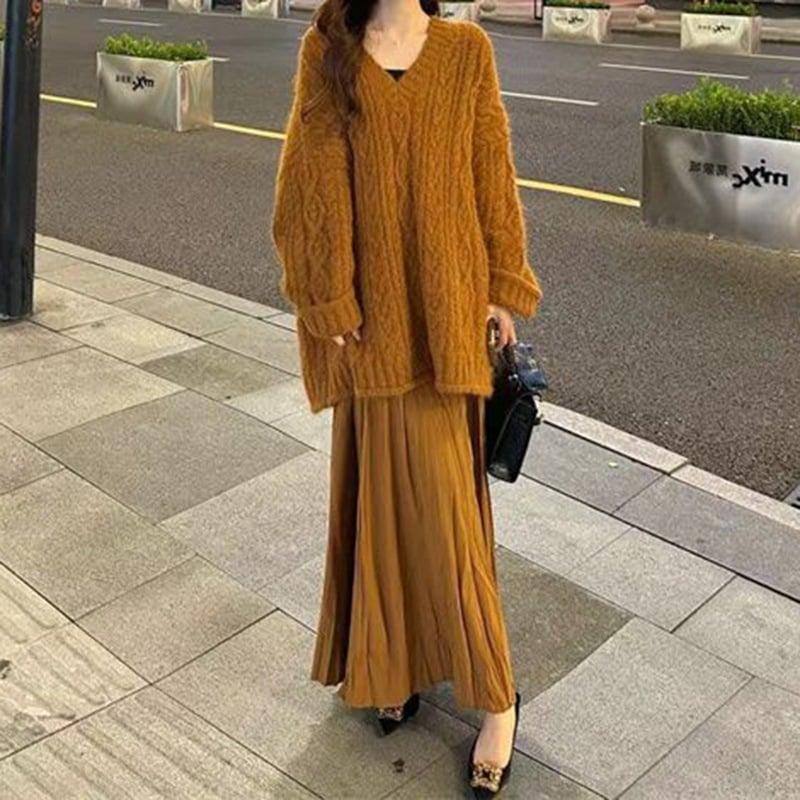プラスサイズのレディース韓国風リラックスツーピースセット:春と秋にぴったりの V ネックの長袖トップスとスリムフィットスカート