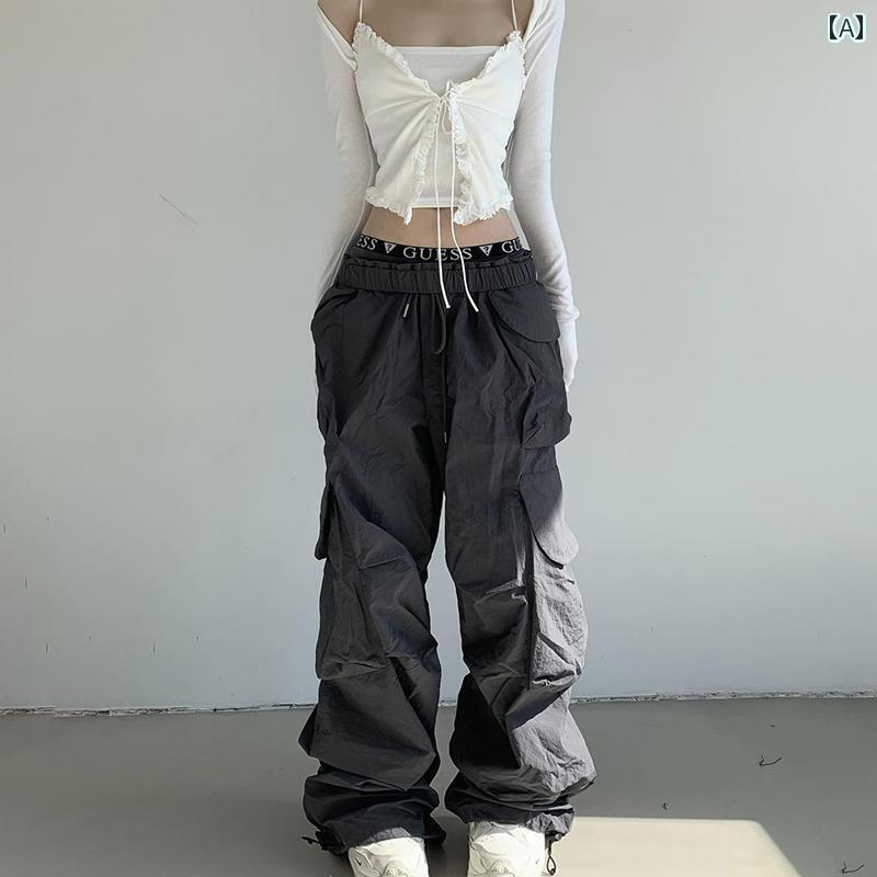 ワイドパンツ レディース ハイウエスト ゴム ストレート パラシュート カーゴ ボトムス 長ズボン カジュアル スリム 着痩せ 体型カバー ロング ストリート ヒップホップ ダンス 練習 衣装 おしゃ