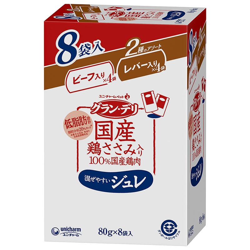（まとめ買い）グラン/デリ 国産鶏ささみパウチ ジュレ 成犬用8袋パック ビーフ入り＆レバー入り 80gx8袋 犬用フード [x6]