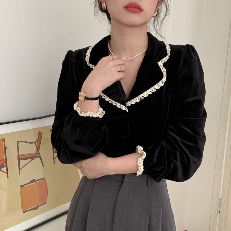 レディース ベロアブラウス レース装飾ベロアシャツ トップス オープンカラー Vネック