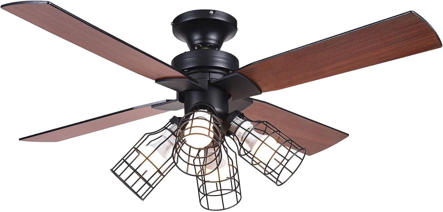 シーリングファンライト 4灯 リモコン式 木目調 ファン 省エネ 風量調節 天井照明 天井ファン 冷暖房効果 シーリングライト オシャレ 電気 LED (ブラック)