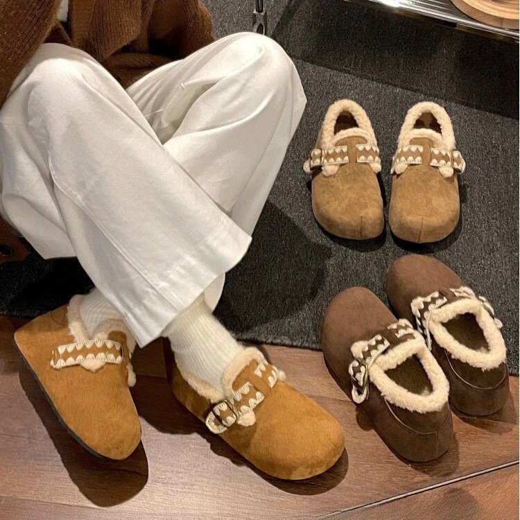 フランスのレトロな茶色のプラットフォームフリース裏地コットンシューズ女性用2025年の新スタイル暖かい冬用ビルケンファーシューズ