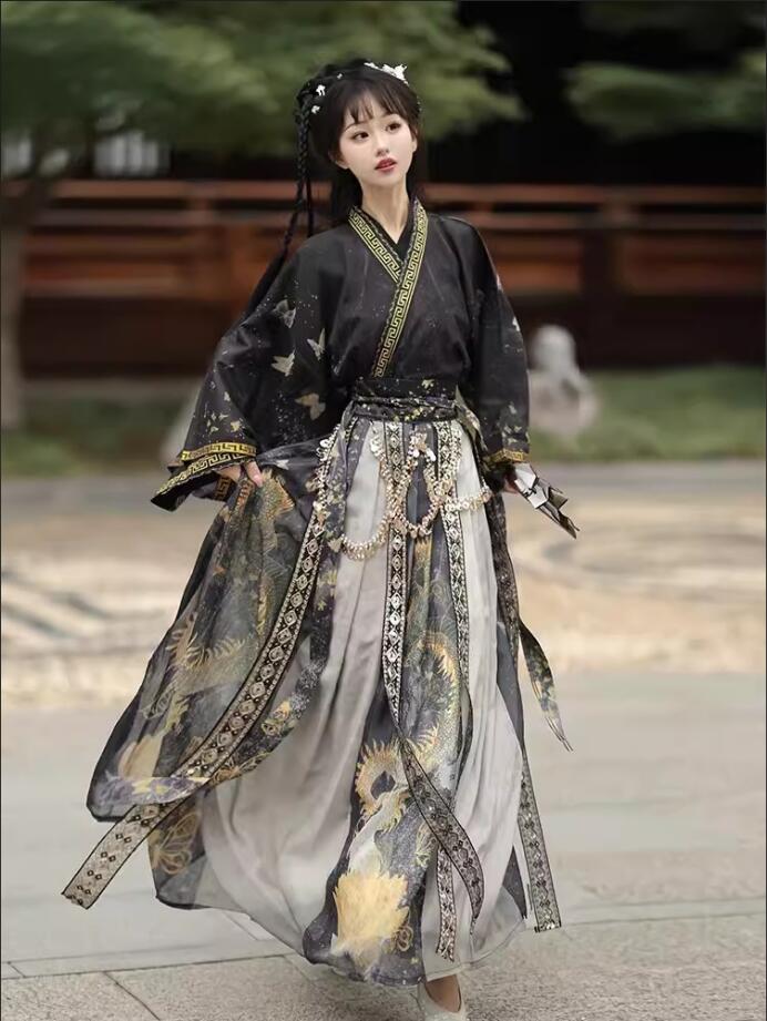 漢服 魏晋時代コスプレ衣装 龍 蝶柄プリント レディース コスチューム 時代劇 華流舞台衣裳 ステージ衣裳 ハロウィン衣装 チャイナ服 中国古代服装 変装 仮装衣裳 漢唐古典舞踊 演目ダンス衣